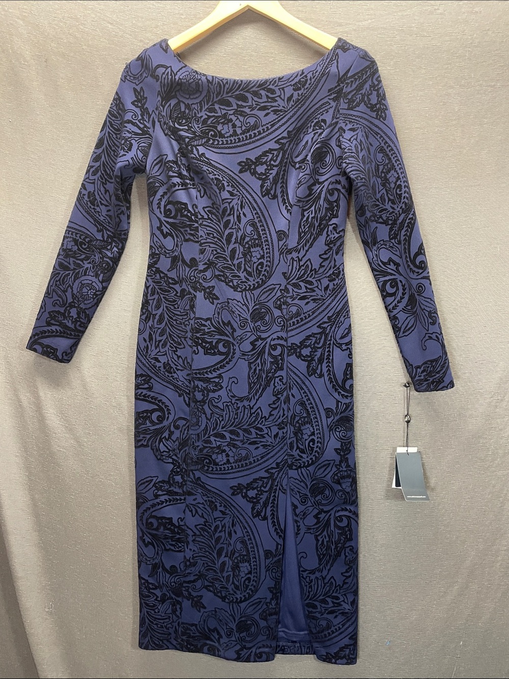 Adrianna Papell Blue and Black velvet Paisley Sheath Dress